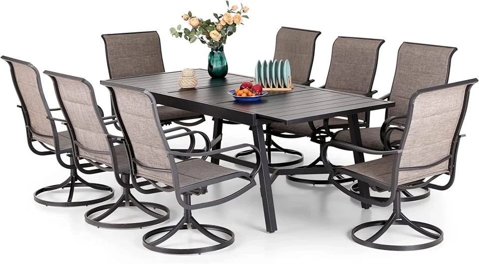 Silicone VILLA Patio Furniture Set Outdoor Table and Chairs Patio Set 9 Pieces Padded Textilene Patio Swivel Dining Chairs Patio Dining Table Set for 8 Expandable Dining Table for Lawn Garden Ba