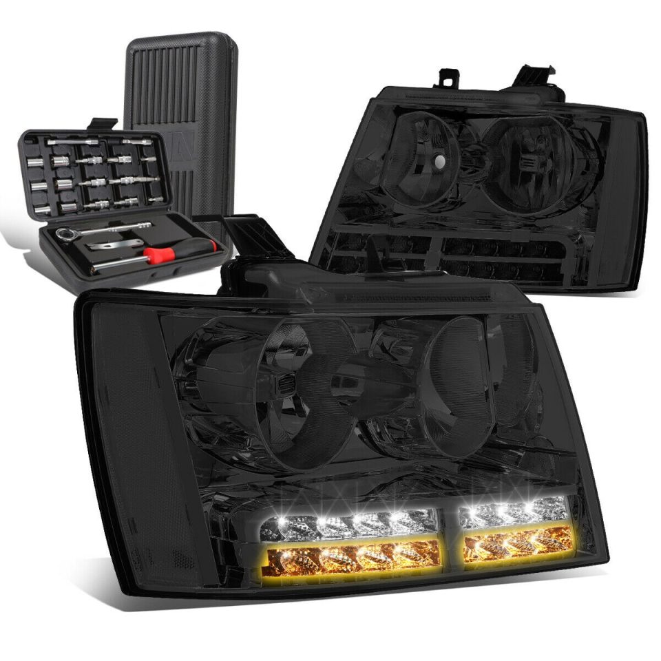 Lightweight 2007-2014 Tahoe Suburban LED DRL Tube Smoked Clear Side Headlights+Too