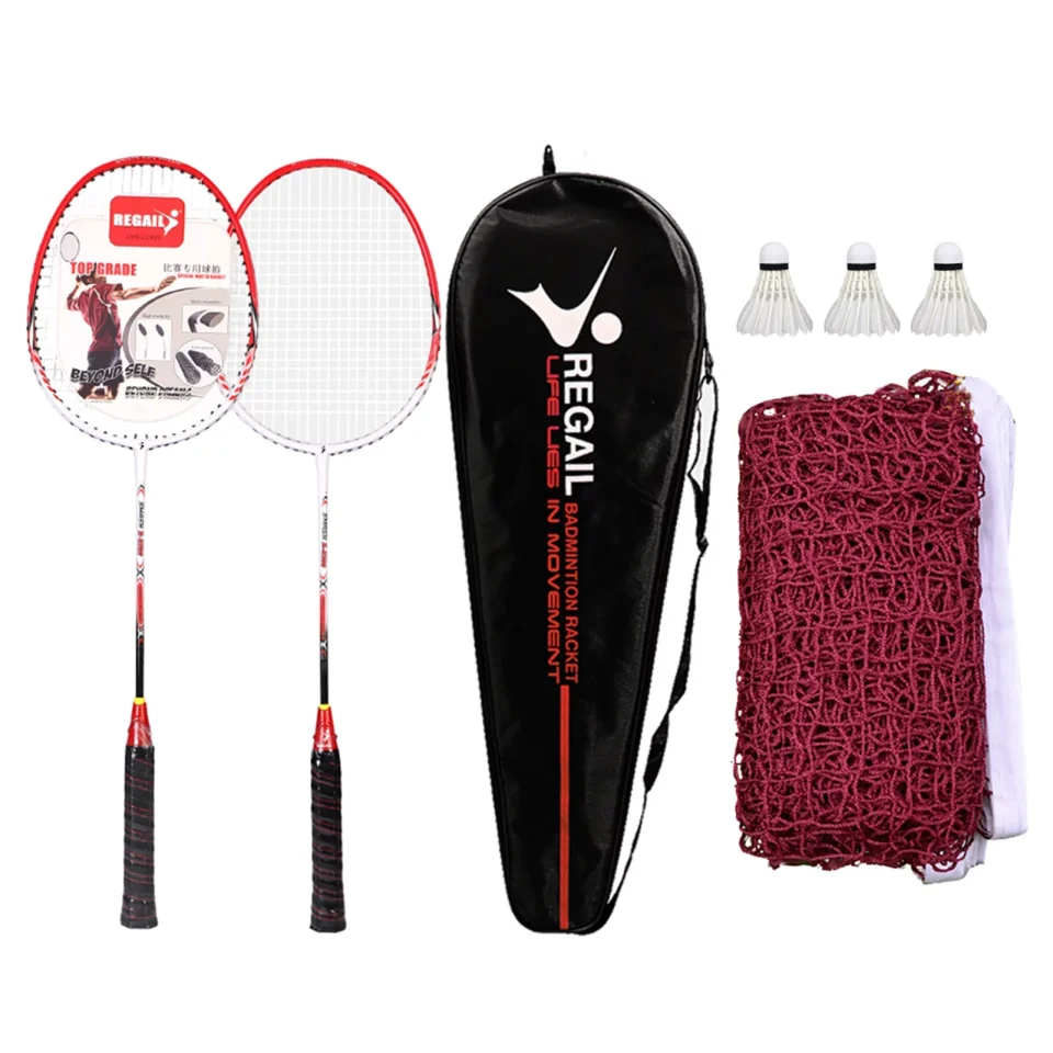 Wooden Multi-Purpose 2 Player Badminton Racquets Set with 3 Shuttlecocks Carrying Bag and Badminton Net for Family Rec