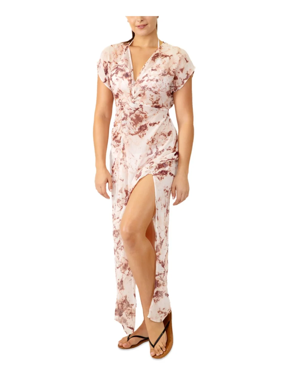 Essential Upgraded MIKEN Women's White Maxi Sheer Slit Surplice Twist Front Swimsuit Cover Up XS