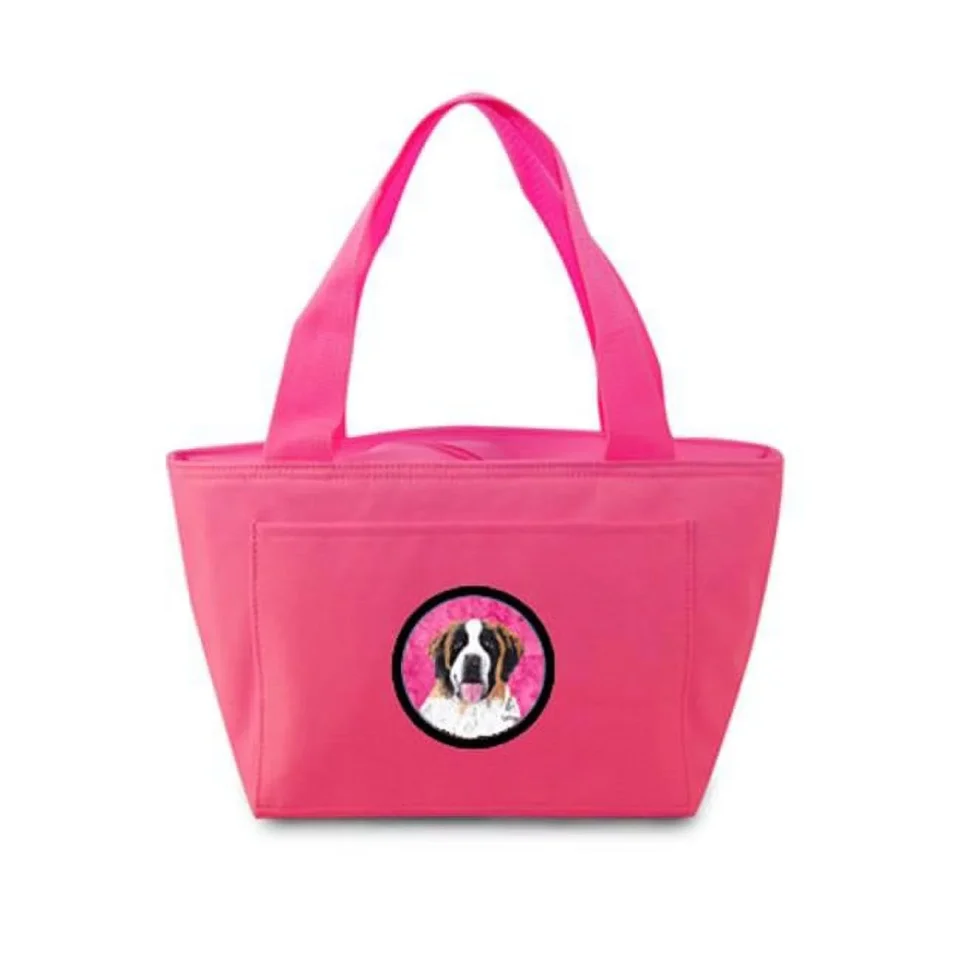 Safe Travel Carolines Treasures Saint Bernard Zippered Insulated School Washable and Stylish Lunch Bag Cooler - Pink - 15 x 7 in.