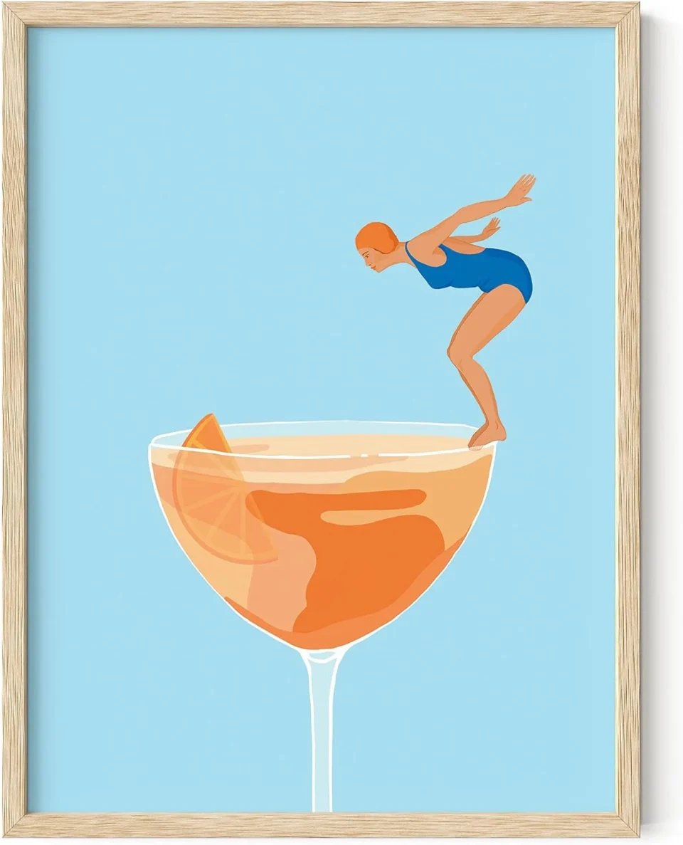Portable HAUS AND HUES Preppy Bar Wall Decor Framed - Blue and Orange Bar Cart Decor, Colorful Bar Wall Art Prints, Vintage Cocktail Poster, Alcohol Art Decorations Aperol Spritz (12x16 Beige Frame)