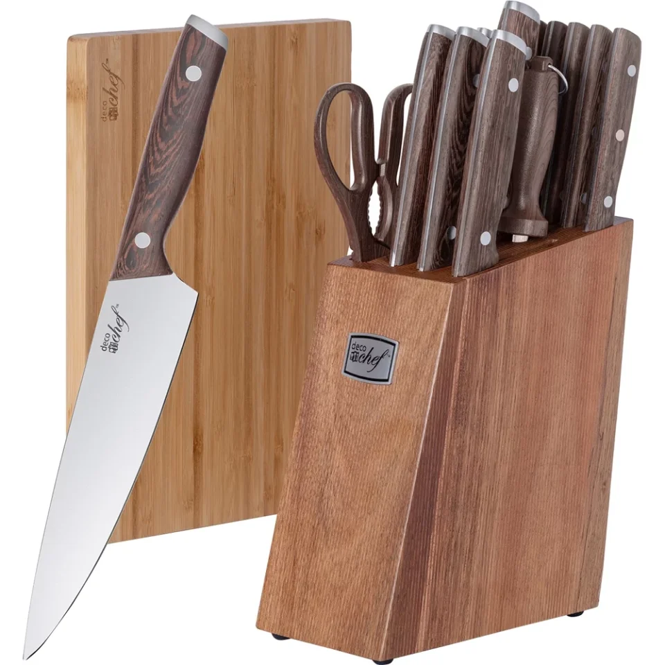 Stainless Steel Polished Open Box Deco Chef 16-Piece Kitchen Knife Set Stainless Steel with Wood Handles, 8 Chef Knife, 6.5 Cleaver, 8 Bread Knife, 8 Slicing Knife, 4.5 Paring Knife, 6pcs Steak Knives, and More