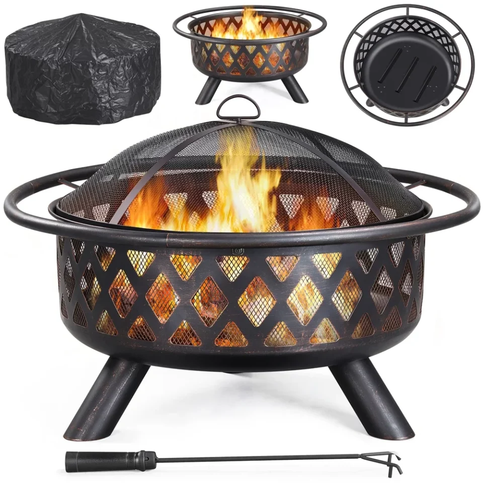 Travel Easyfashion 36in Outdoor Iron Fire Pit with Mesh Screen Poker, Bronze