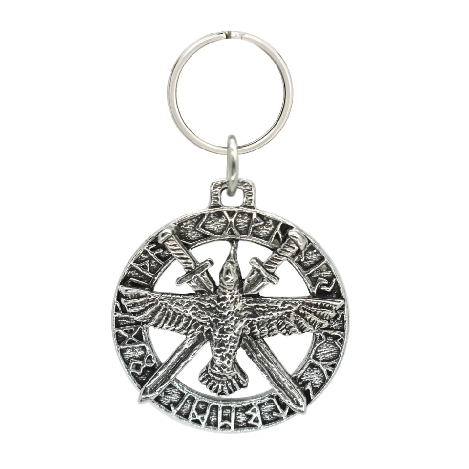 Premium Raven W/Swords In Runes Keychain, G018KC, 1 3/4 inch, Pewter, Key Fob, Key Ring, Keys, Zipper Pull, Luggage Tag, Backpack, Over 300 Keychain Designs, Handmade in the USA, 100% American Made