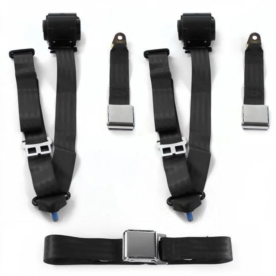 Frosted Outdoor SafeTboy Jeep Wagoneer 1963-1991 Airplane 3 Point Black Retractable Bench Seat Belt Kit - 3 Belts