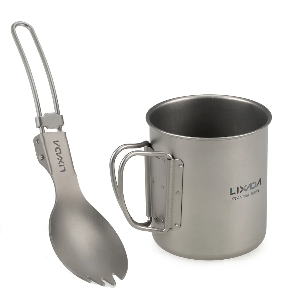 Best-Selling Upgraded Lixada Cookware Set 300ml/350ml/420ml/550ml/650ml/750ml Ultralight Titanium Cup with Folding Dinner Spork Tableware for Camping Hiking Backpacking