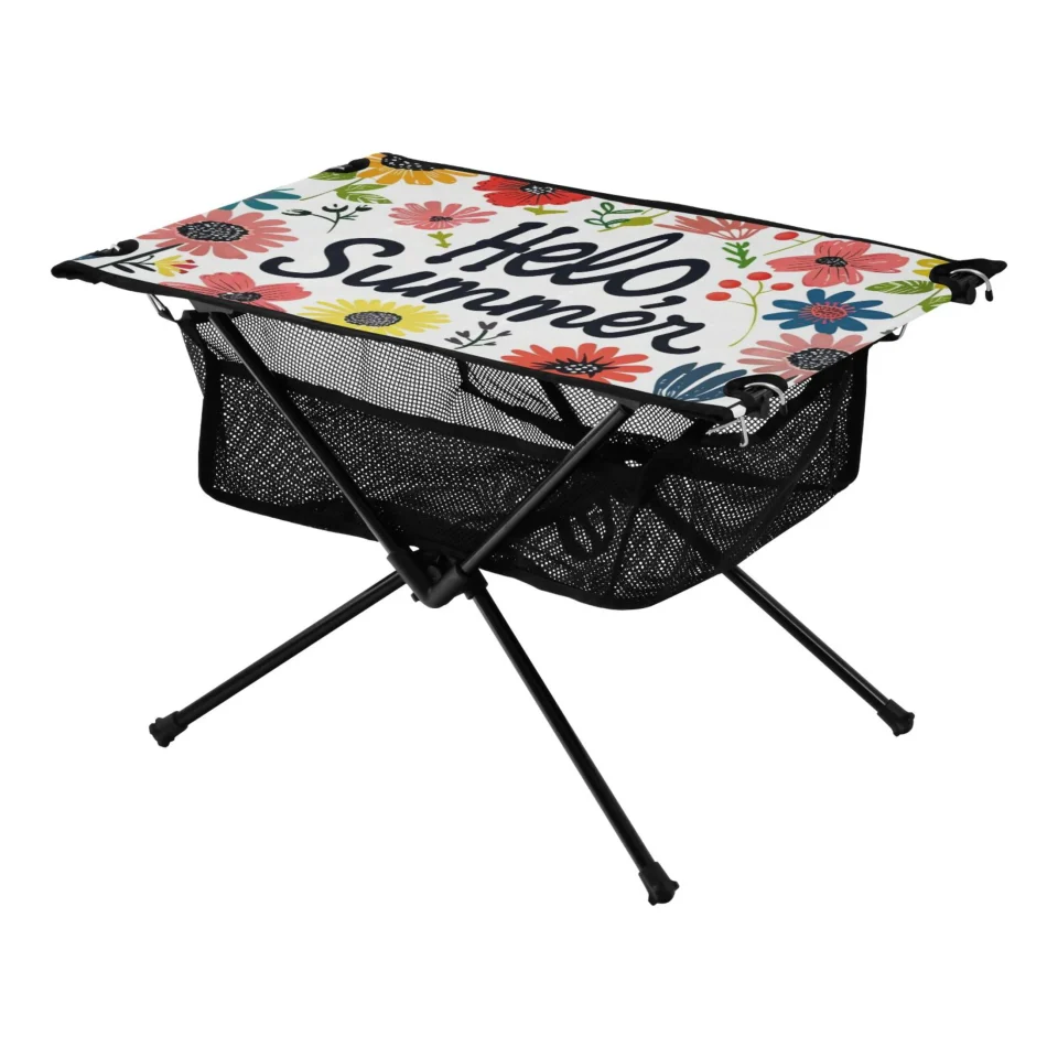 Clear Long-Lasting Hello Summer Flower Camping Folding Table Portable Beach Table with Storage Bag Compact Picnic Table for Outdoor Travel Fishing BBQ