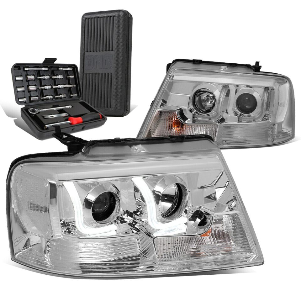 Supreme Stainless Steel 2004-2008 d F-150 Chrome/Clear LED DRL Bar Projector Headlight+Tool Box