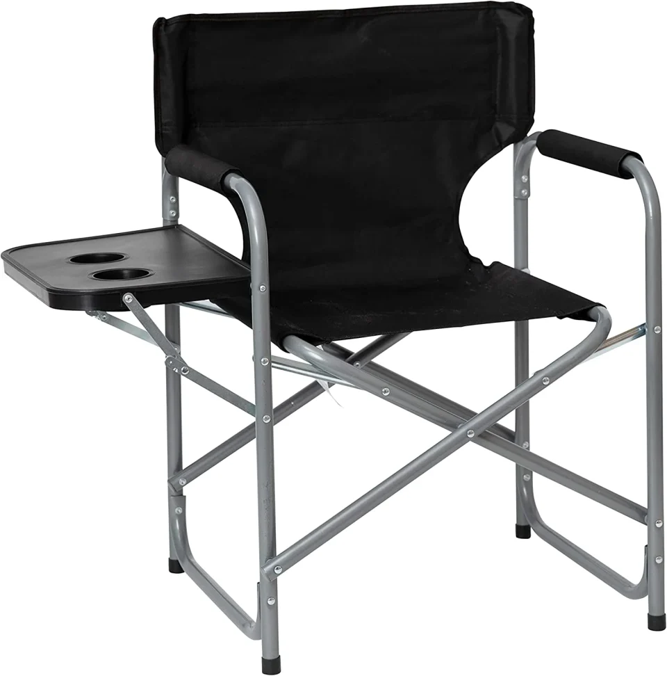 Non-Toxic Black Canvas Folding Director's Chair With Gray Steel Tube Frame-Integrated Folding Side Table With Cupholders