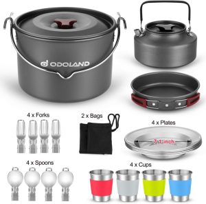 Versatile Leak-Proof Camping Cookware Set. Odoland 22pcs Camping Cookware Mess Kit. Large Size Hanging Pot Pan Kettle with Base Cook Set for 4
