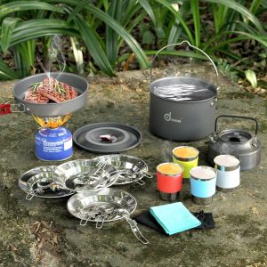 Versatile Leak-Proof Camping Cookware Set. Odoland 22pcs Camping Cookware Mess Kit. Large Size Hanging Pot Pan Kettle with Base Cook Set for 4