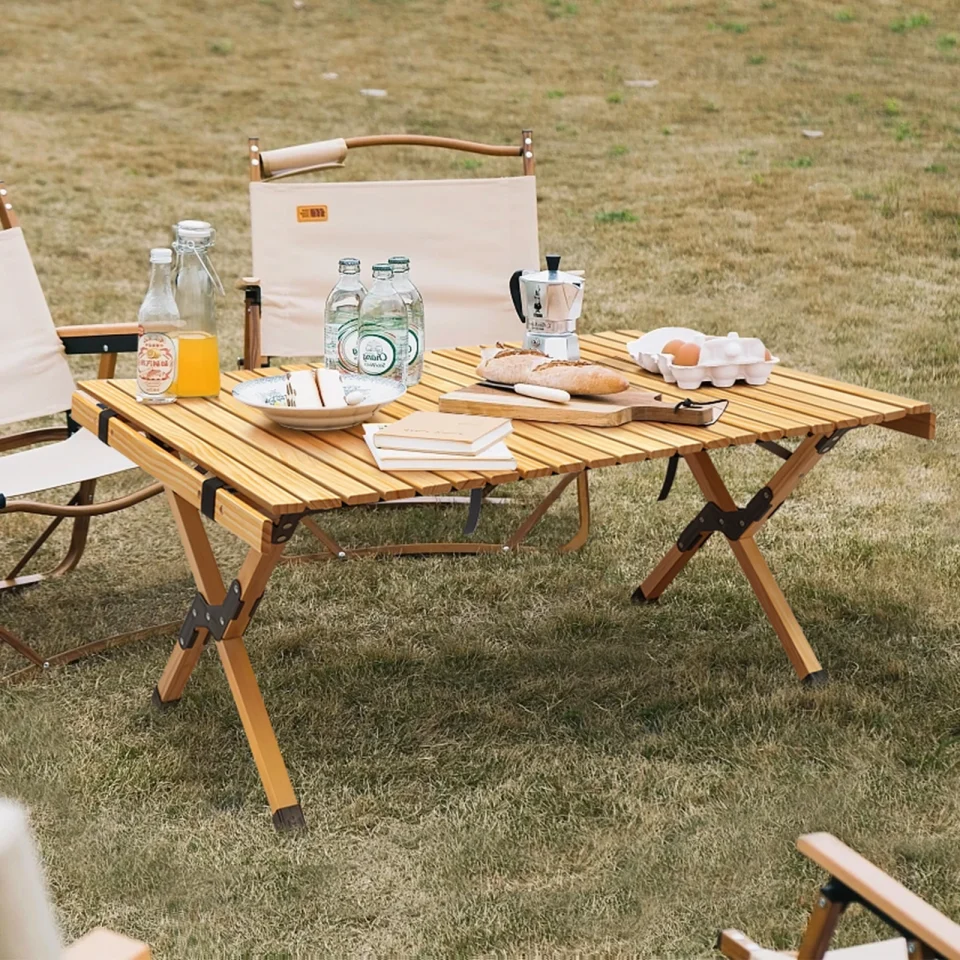 Ultimate Polished Picnic Table, Portable Camping Table with Carrying Bag, Outdoor Indoor Light Wooden Egg Roll Table, Foldable Stable Large Picnic Table for Party Picnic Travel Barbecue Beach