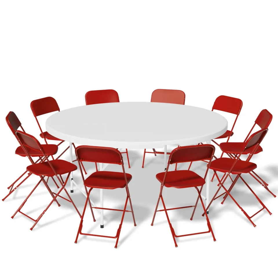 Premium Multi-Purpose MoNiBloom 11 Pieces 4.5 Ft White Outdoor Plastic Dining Table w/Handle and with 10 Red Chair Set, Fold-in-Half Picnic Desk