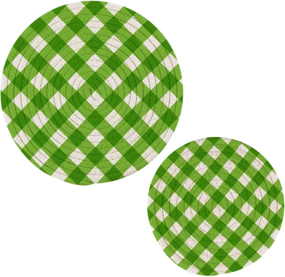 Glossy Coolnut Green White Plaid Pot Holder Set of 2, Pure Cotton Wear-Resistant and Non-Slip Stylish Round Pot Holder for Daily Kitchen, Dining Table, Office, Cafe, Restaurant, BBQ Home Decor Gifts
