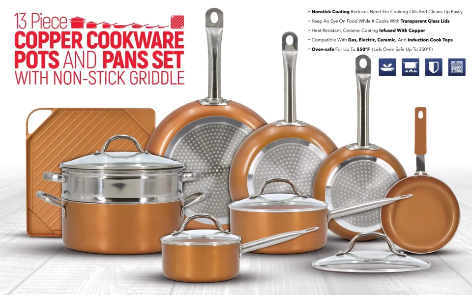 Multi-Purpose Luxury Copper Cookware Pots and Pans Set with Non-Stick Griddle (13-Piece)