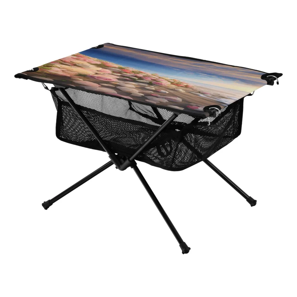 Dining Portable Rose Flowers on Beach Camping Folding Table Portable Beach Table with Storage Bag Compact Picnic Table for Outdoor Travel Fishing BBQ