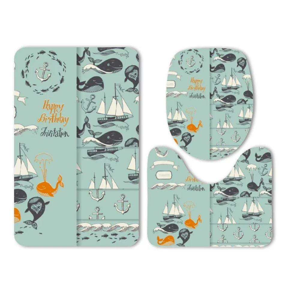 Natural GOHAO Happy Birthday Invitation Whale Surf Sailboat Sailing 3 Piece Bathroom Rugs Set Bath Rug Contour Mat and Toilet Lid Cover