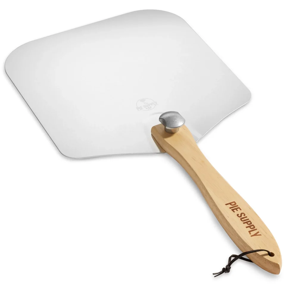 Cast Iron Pie Supply 14 inch x 16 inch Aluminum Pizza Peel with Foldable Wooden Handle for Homemade Pizzas and Baking Bread