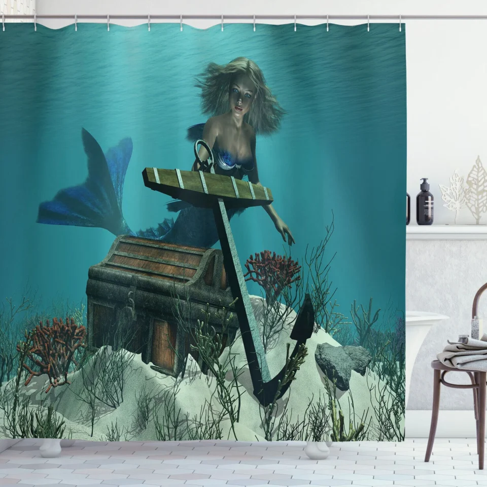 Silicone Leak-Proof Enchanting Nautical Ocean Print Shower Curtain: Create a Pirate's Cove Inspired Bathroom
