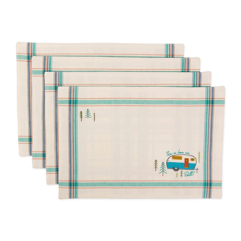 Frosted Contemporary Home Living Set of 4 White and Blue Camper Embellished Rectangular Placemats 19