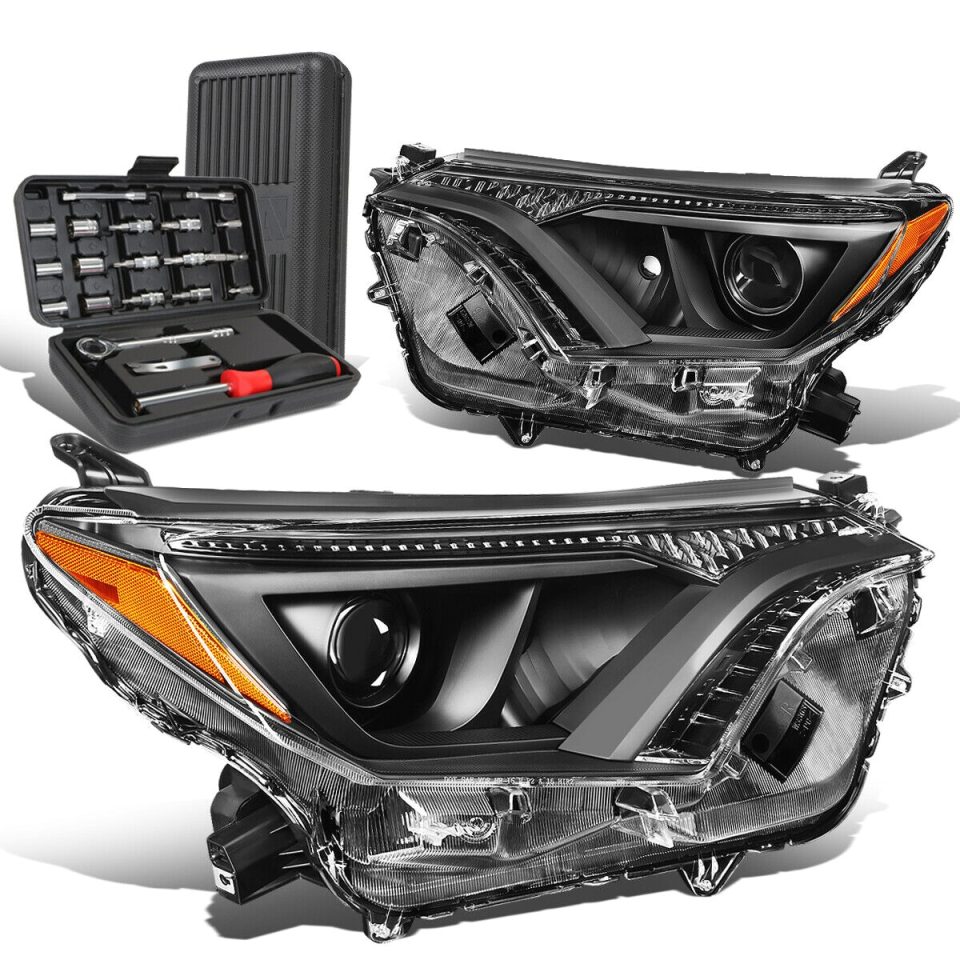 Ultimate Upgraded 2016-2018 Toyota RAV4 Pair Black Amber Signal Projector Headlight+Tool Box