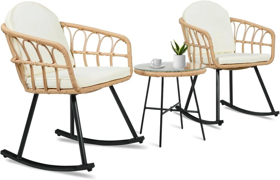Matte SPBOOMlife Outdoor Rocking Chair Set 3-Piece Patio Conversation Sets with 2 Wicker Rocker Chairs and 1 Coffee Table with Soft Cushions for Balcony Lawn and Porch Poolside