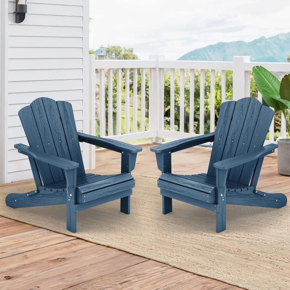 Polished 2 Pieces Outdoor Patio Plastic Folding Adirondack Chair Set, Navy Blue