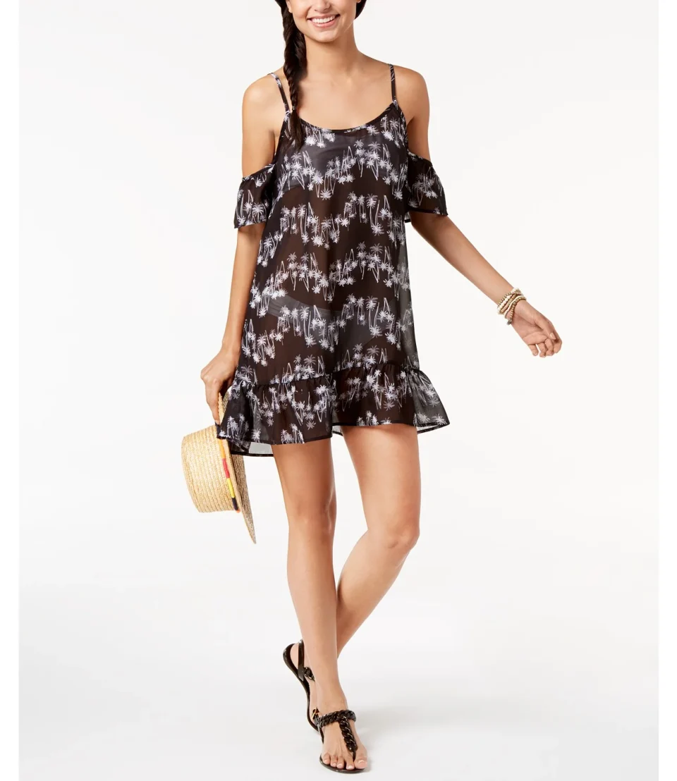Food-Grade Miken Women's Strappy Cold-Shoulder Cover-Ups Swimsuit, Black, X-Small