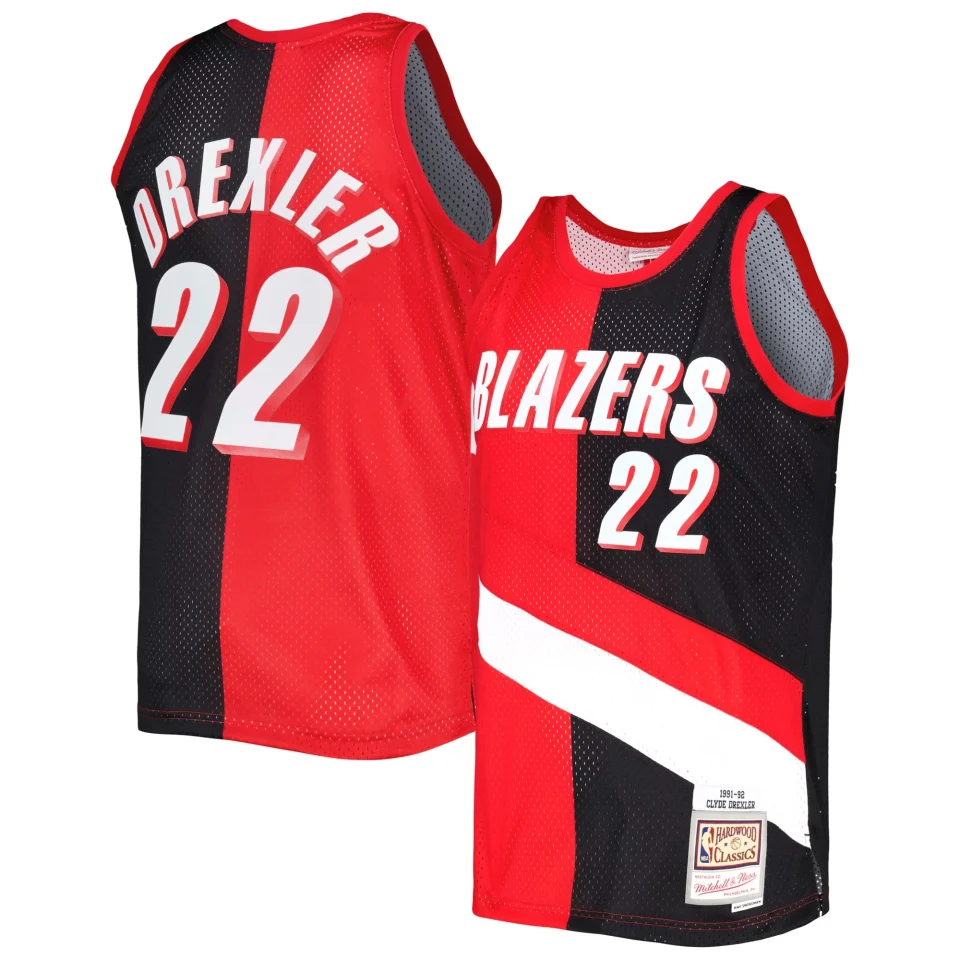 Essential Men's Mitchell & Ness Clyde Drexler Red/Black Portland Trail Blazers Hardwood Classics 1991/92 Split Swingman Jersey