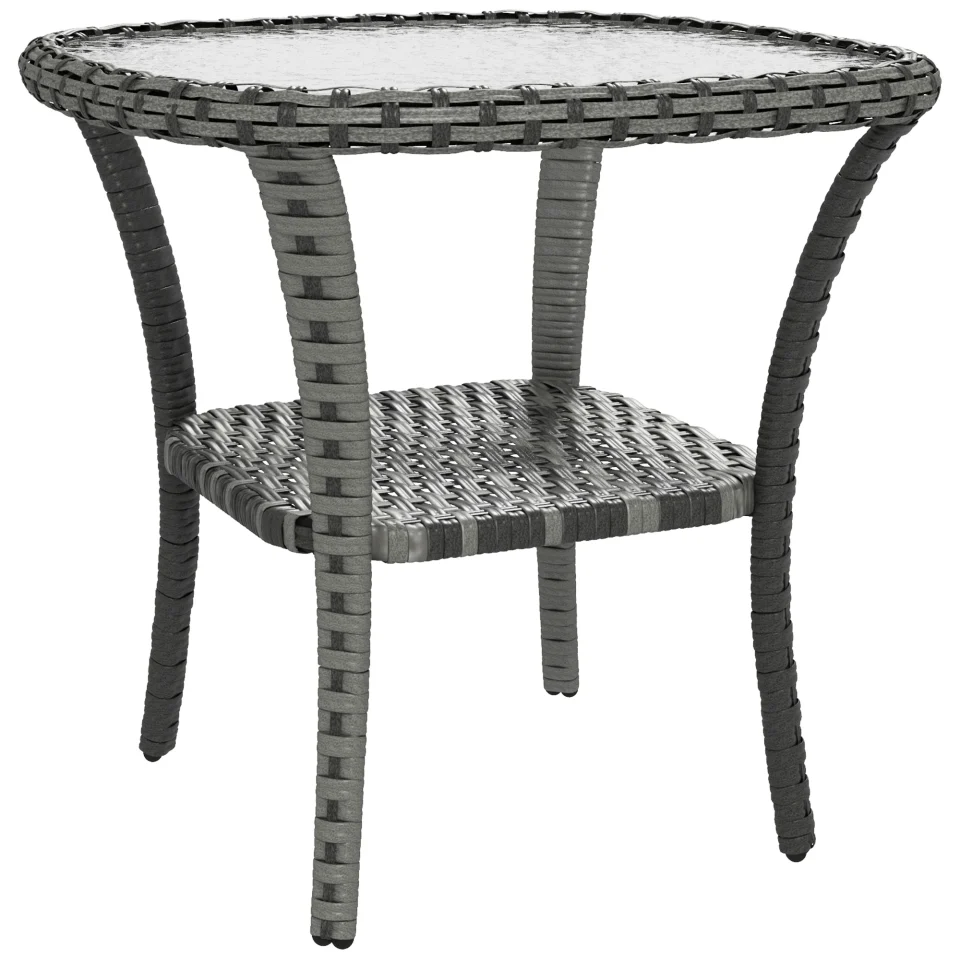 Eco-Friendly Al Fresco Round Wicker Glass Table, 2 Layer Patio Rattan Table with Storage Shelf, Gray