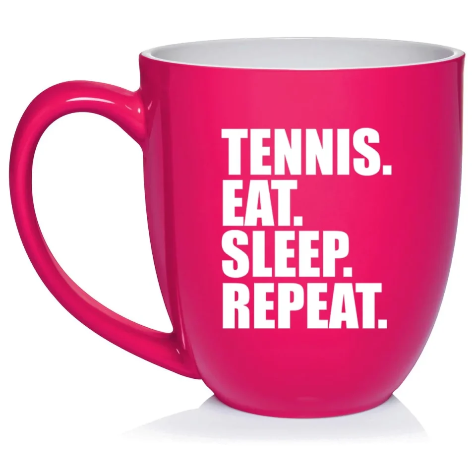 Easy-Clean Tennis Eat Sleep Repeat Ceramic Coffee Mug Tea Cup Gift for Her, Him, Friend, Coworker, Wife, Husband (16oz Hot Pink)