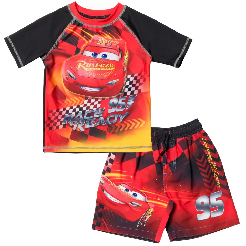 Long-Lasting Disney Pixar Cars Lightning McQueen Toddler Boys Rash Guard and Swim Trunks Outfit set Black / Red 4T