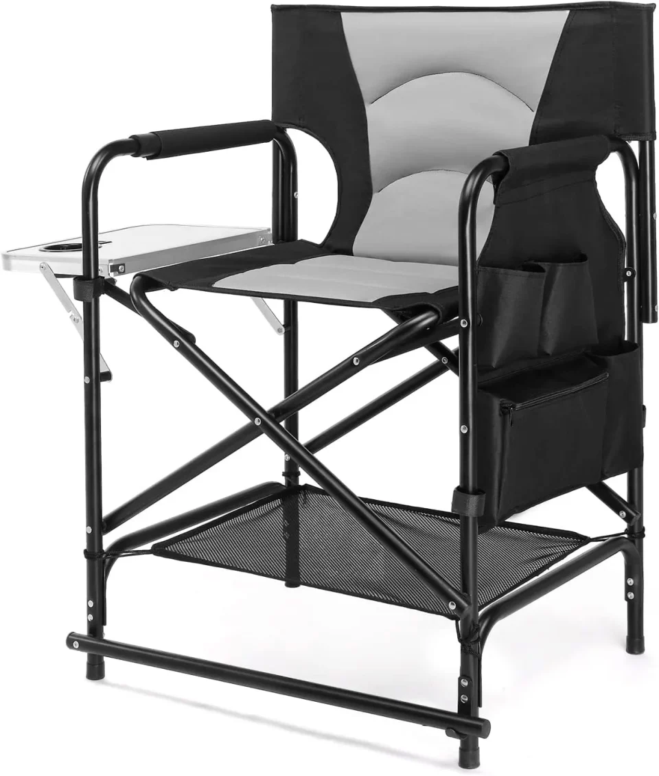 Bamboo Frosted OmySalon 22 Directors Camping Chair Camping Folding with Side Table Storage Bag,Portable Makeup Artist Bar Height, Aluminum Frame 300 lbs Capacity