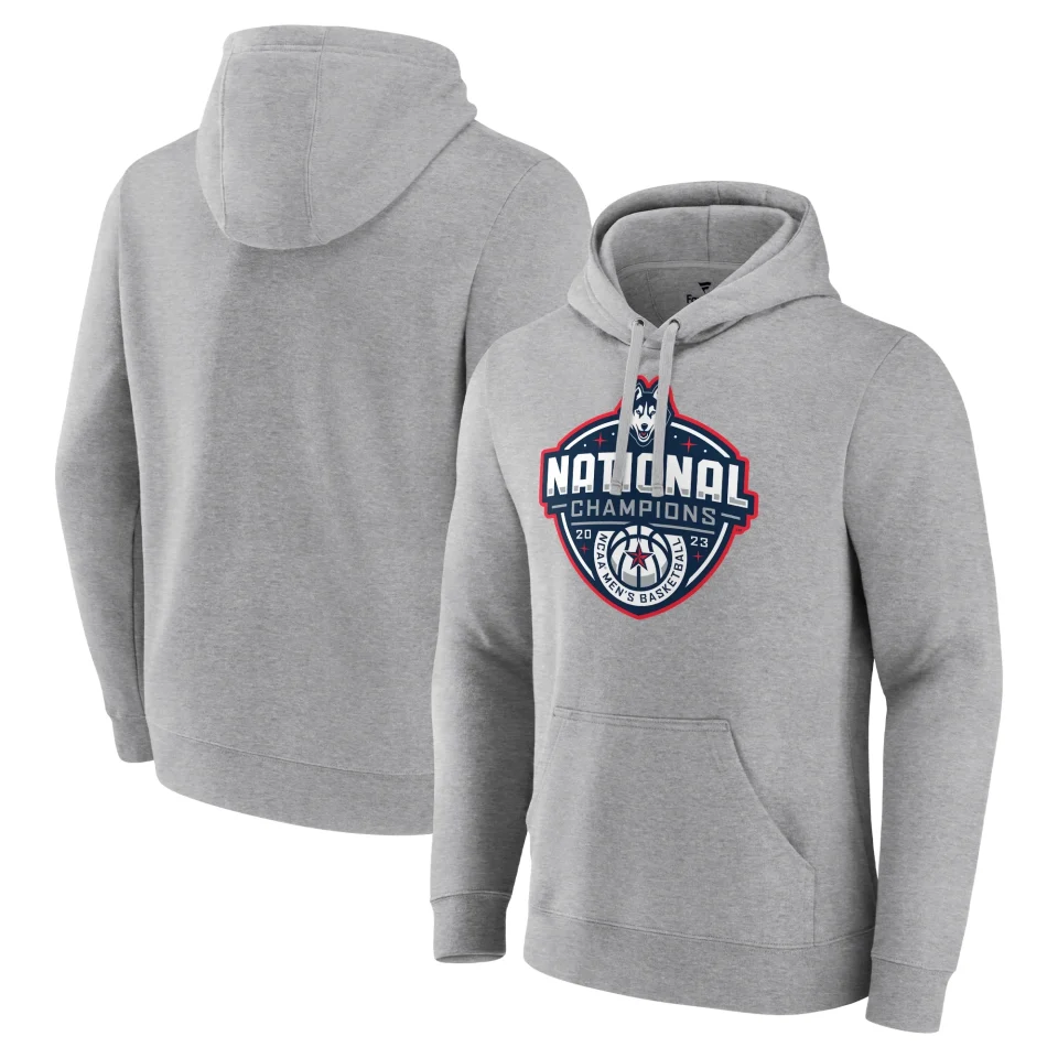 Premium Glass Fanatics Branded Gray UConn Huskies 2023 NCAA Men-s Basketball National Champions Logo Pullover Hoodie