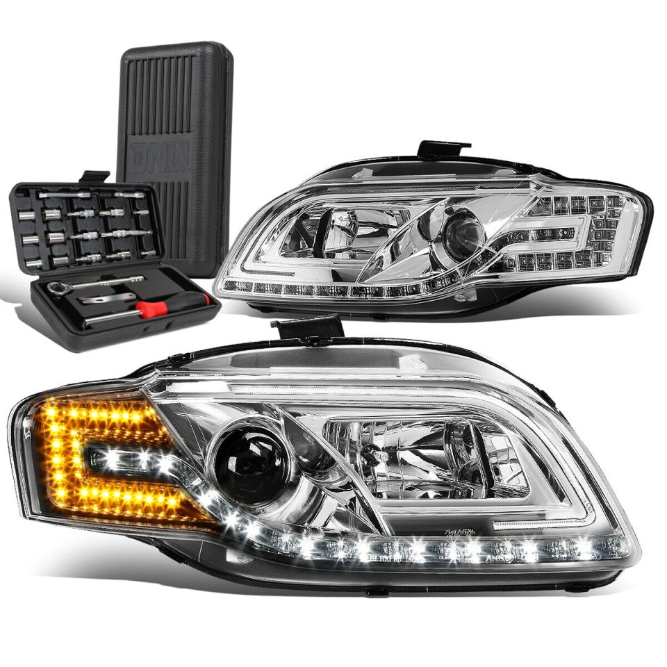Ultimate 2005-2008 Audi A4 S4 Quattro LED DRL Bar Projector Headlight+Tool Box Chrome