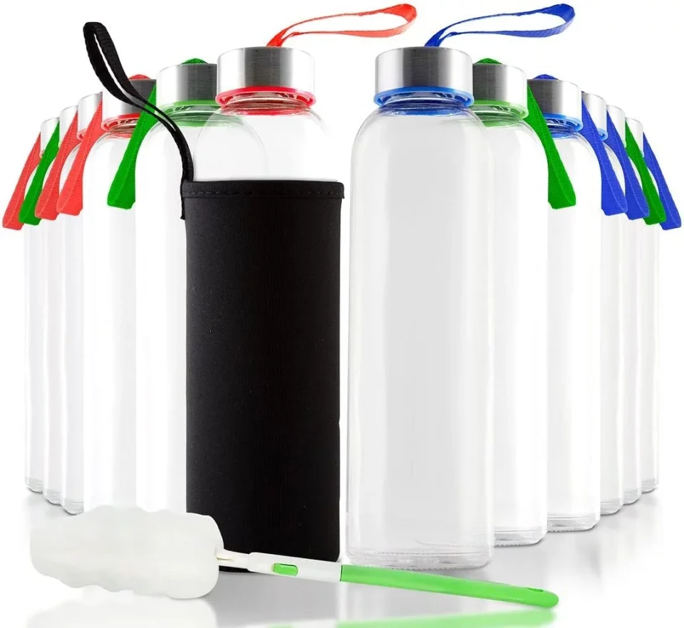 Easy-Clean Gift-Ready Chef's Star 18 oz Clear Glass Water Bottles, Leak Proof Stainless Steel Caps with Sleeve, Pack of 12